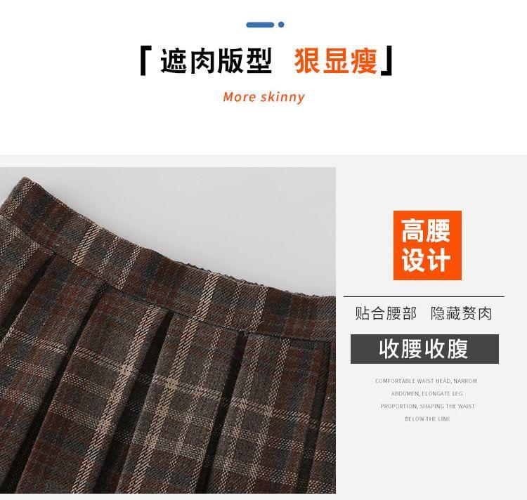 High Rise Plaid Pleated Midi A-Line Skirt Product Image