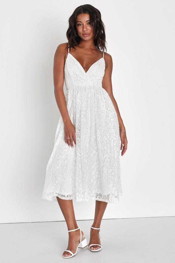 Dreamy Drama White Lace Sequin A-Line Midi Dress Product Image