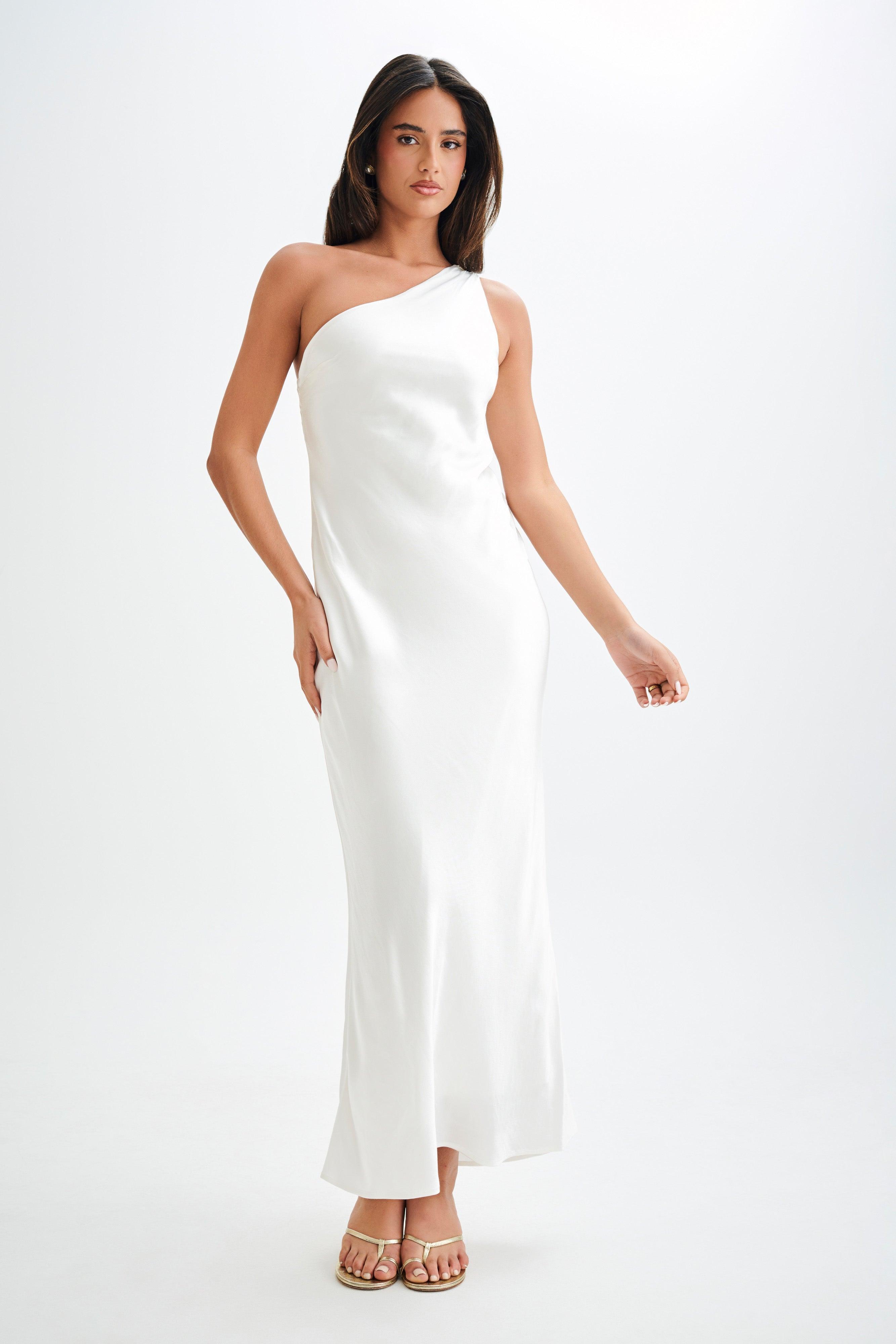 Camille One Shoulder Satin Maxi Dress - White Product Image