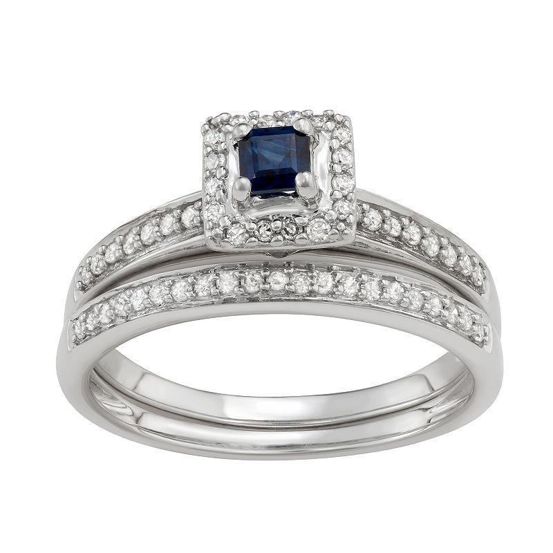 10k White Gold 1/3 Carat T.W. Diamond & Gemstone Square Halo Engagement Ring Set, Womens Blue Blue Product Image