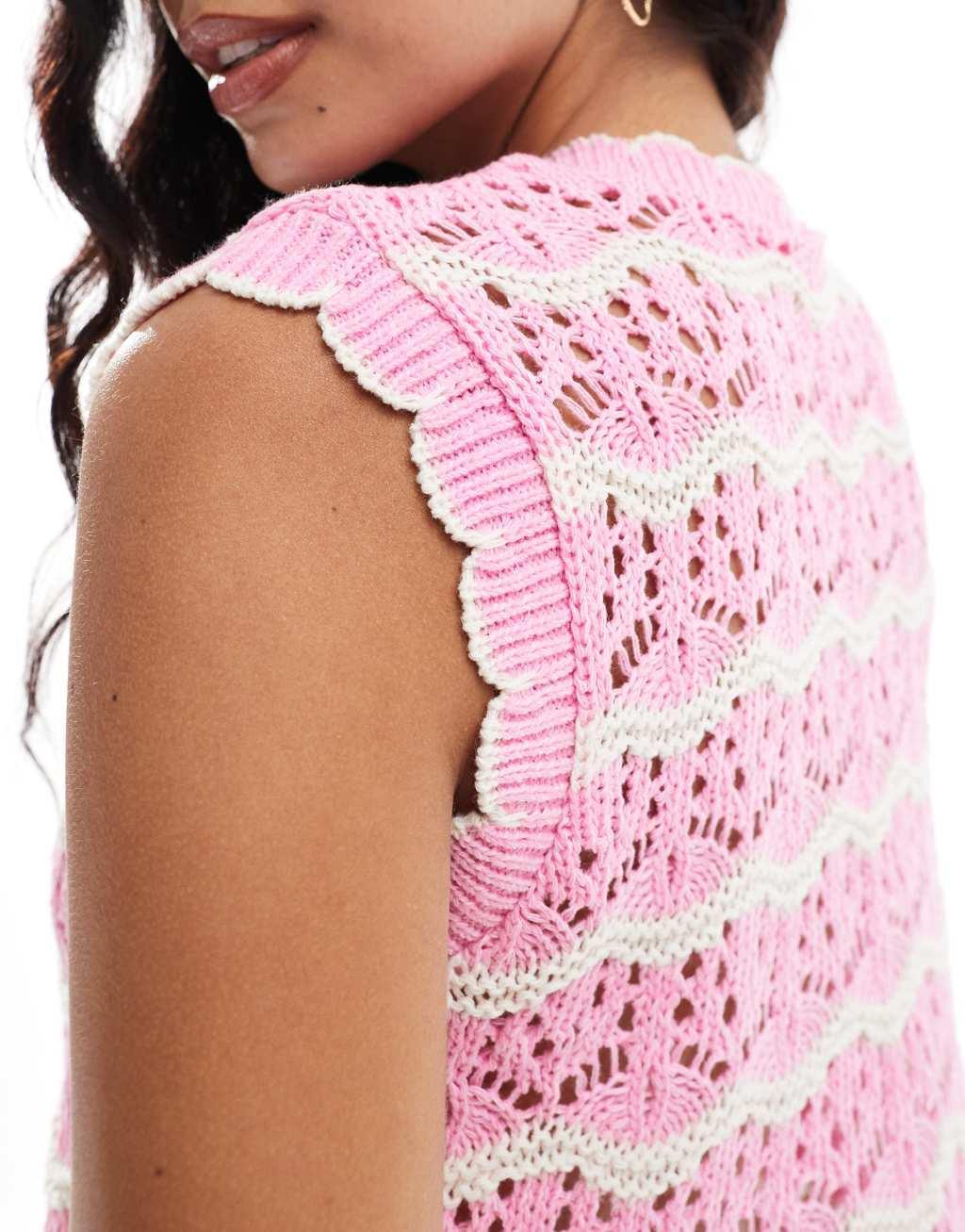 Miss Selfridge crochet stripe sleeveless top in pink Product Image