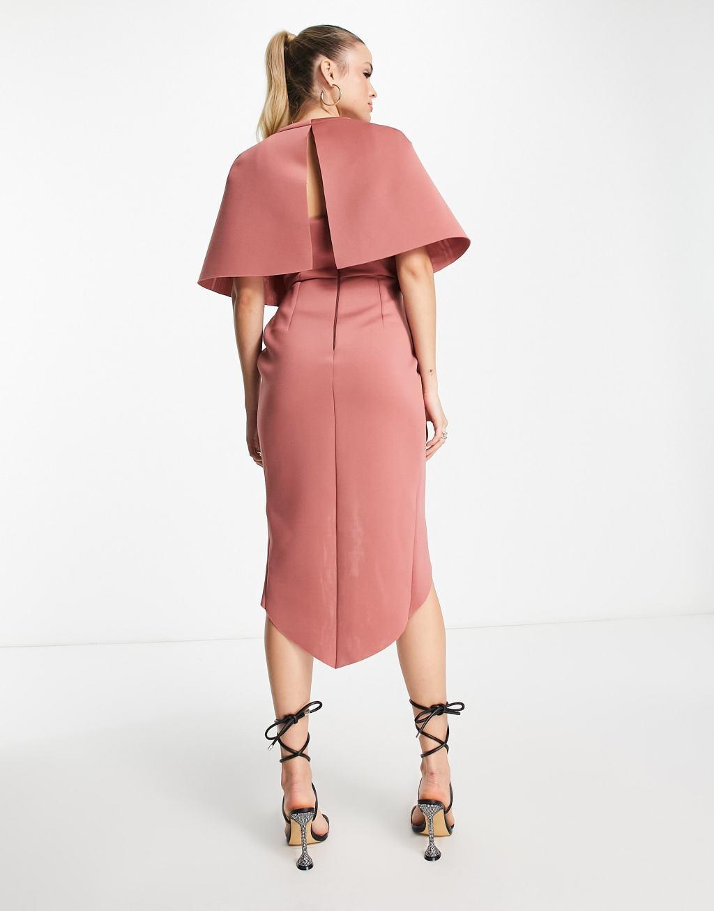 ASOS DESIGN Tall cape detail pleated wrap midi dress in rose Product Image