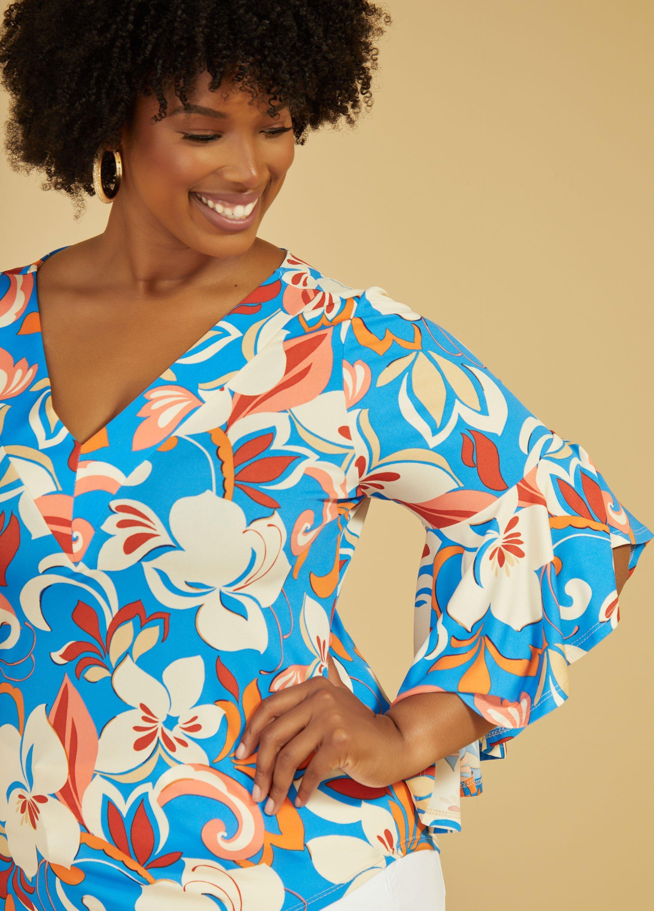 Plus Size Floral Print Drama Sleeved Top Ashley Stewart Product Image