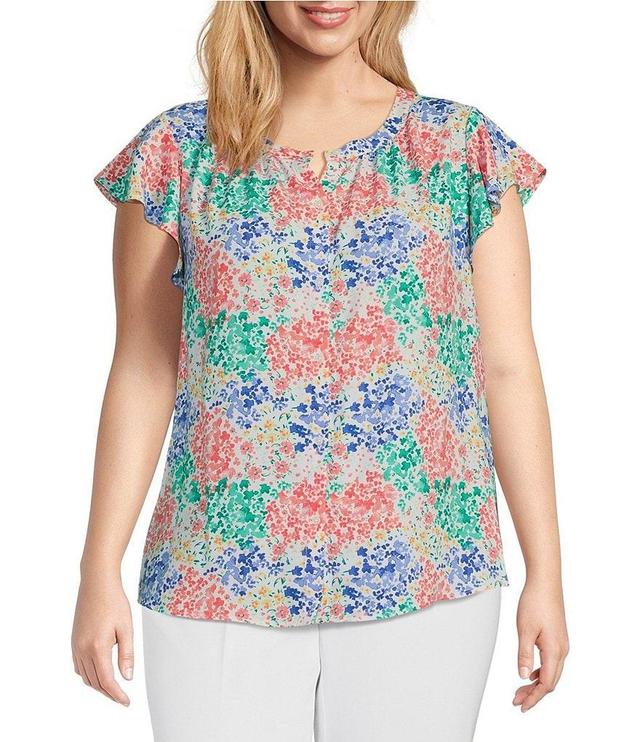 Investments Plus Size Woven Floral Scoop Neck Flutter Cap Sleeve Button Front Top Product Image