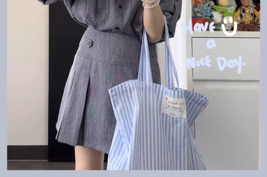 Elbow-Sleeve Pocket Accent Plain Denim Blouse / High Rise Pleated Mini A-Line Skirt Product Image