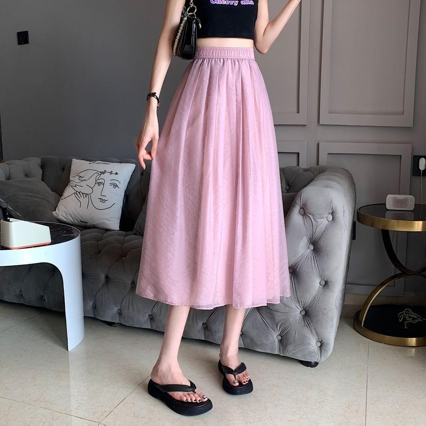 High Rise Plain Midi Pleated A-Line Skirt Product Image