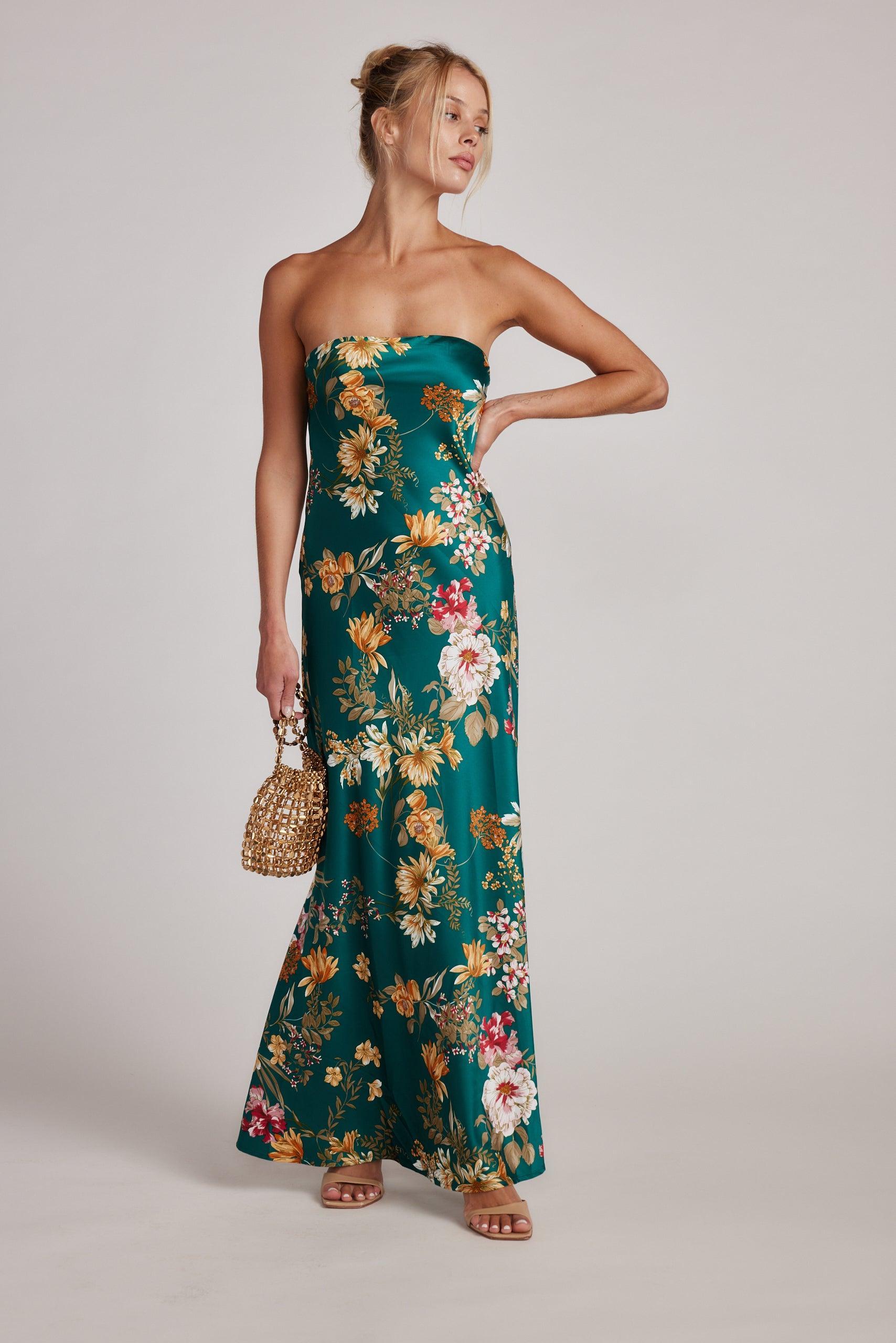 Natalia Emerald Floral Strapless Maxi Dress Product Image