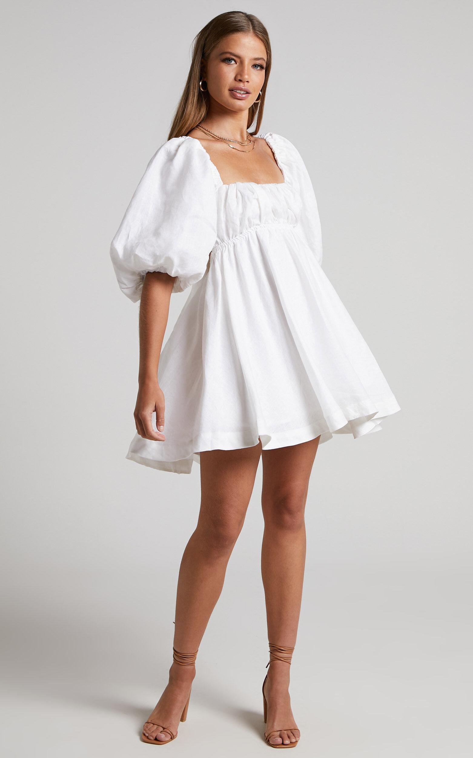 Amalie The Label - Hamyya Linen Tie Back Puff Sleeve Mini Dress in White Product Image