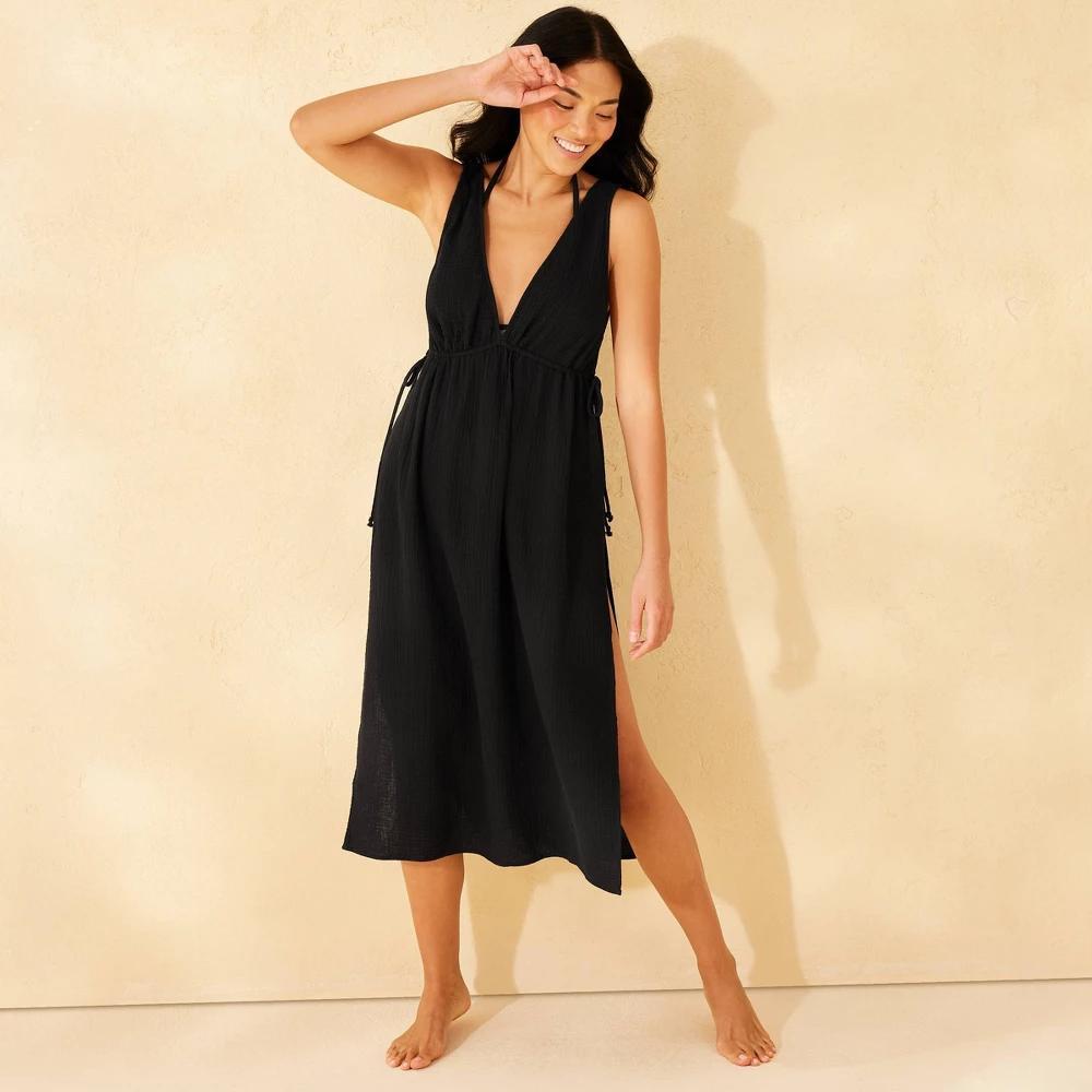 Womens Gauze Tunnel Waist Midi Cover Up Dress - Shade & Shore Black XS Product Image