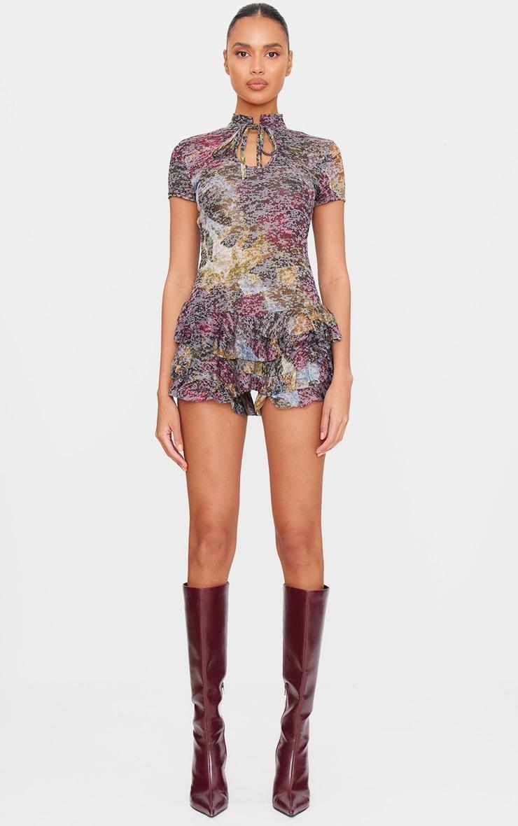 Dark Plum Print Keyhole Tie Front Rara Skort Romper Product Image