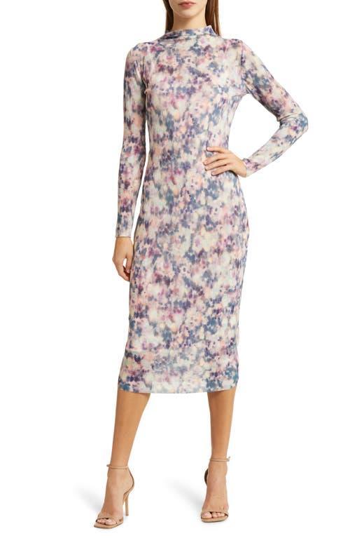 Steve Madden Maya Printed Mesh Mock Neck Pleated Long Sleeve Midi Dress Product Image