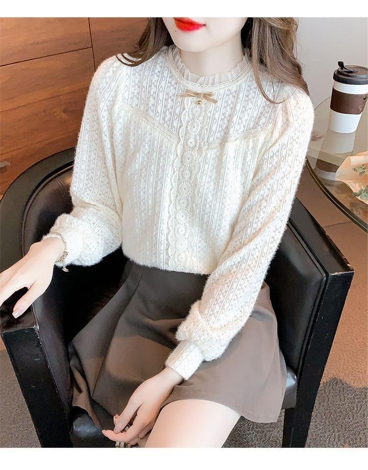 Long-Sleeve Bow Frill Trim Lace Blouse Product Image