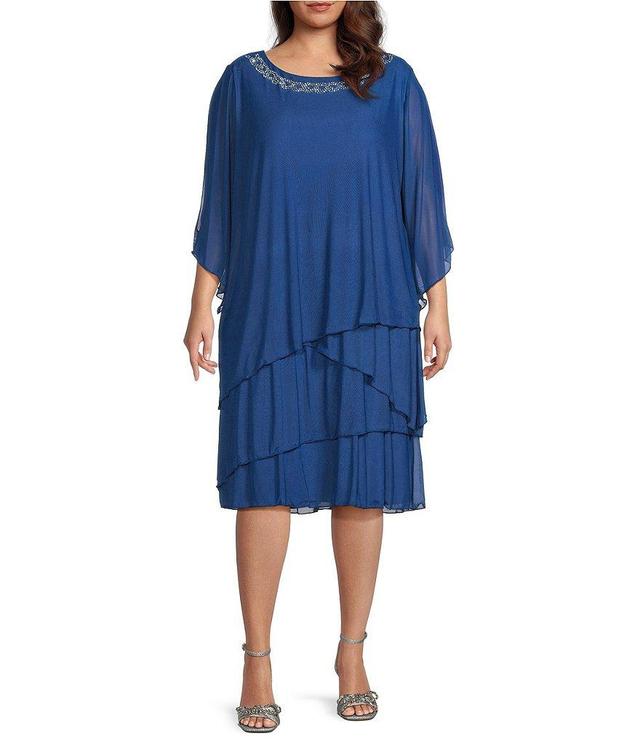 Marina Plus Size 3/4 Sleeve Embellished Boat Neck Tiered Dress Product Image