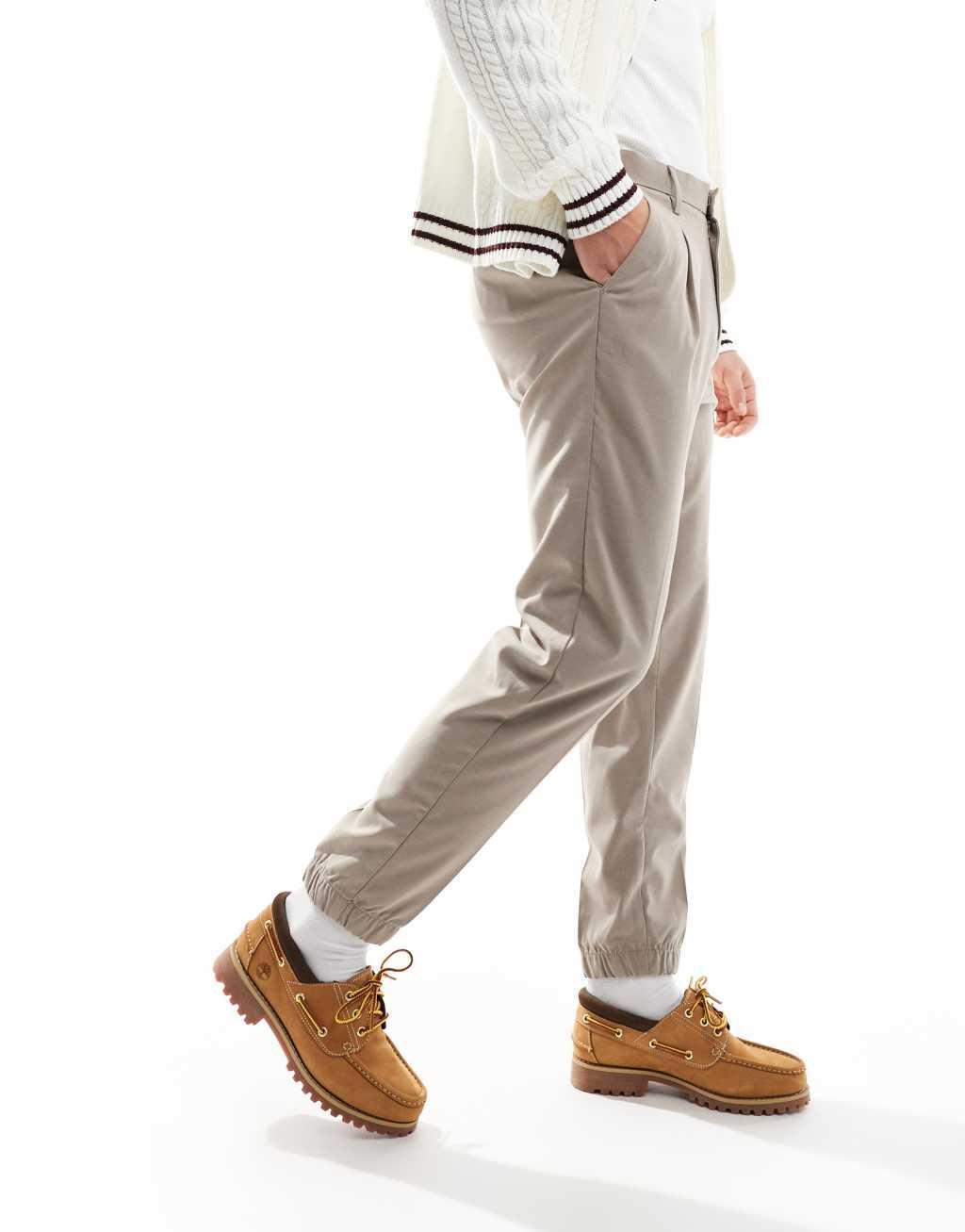 ASOS DESIGN tapered smart pants with sweatpants cuff in stone Product Image