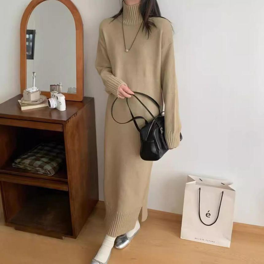 Mock Neck Plain Midi Sweater Dress Product Image