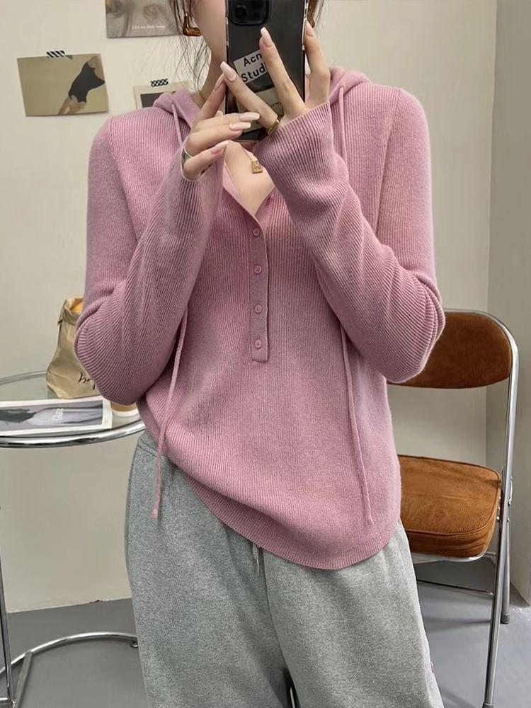 Long-Sleeve Henley Drawstring Hooded Knit Top Product Image