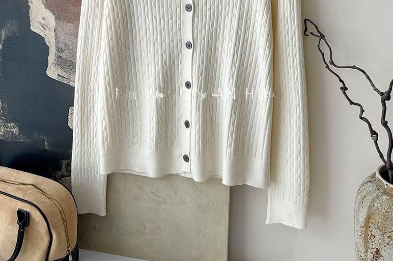 Round Neck Plain Cable Knitted Cardigan Product Image