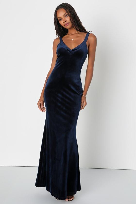 Perfectly Classy Navy Blue Velvet Strappy Maxi Dress Product Image