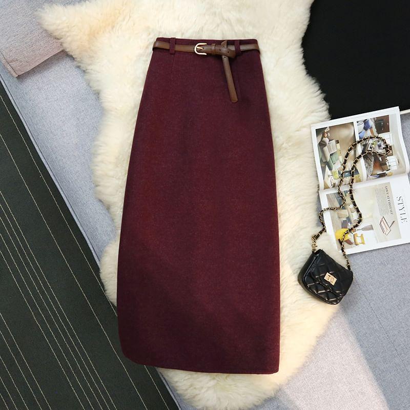 High Waist Plain Midi Straight Skirt Product Image