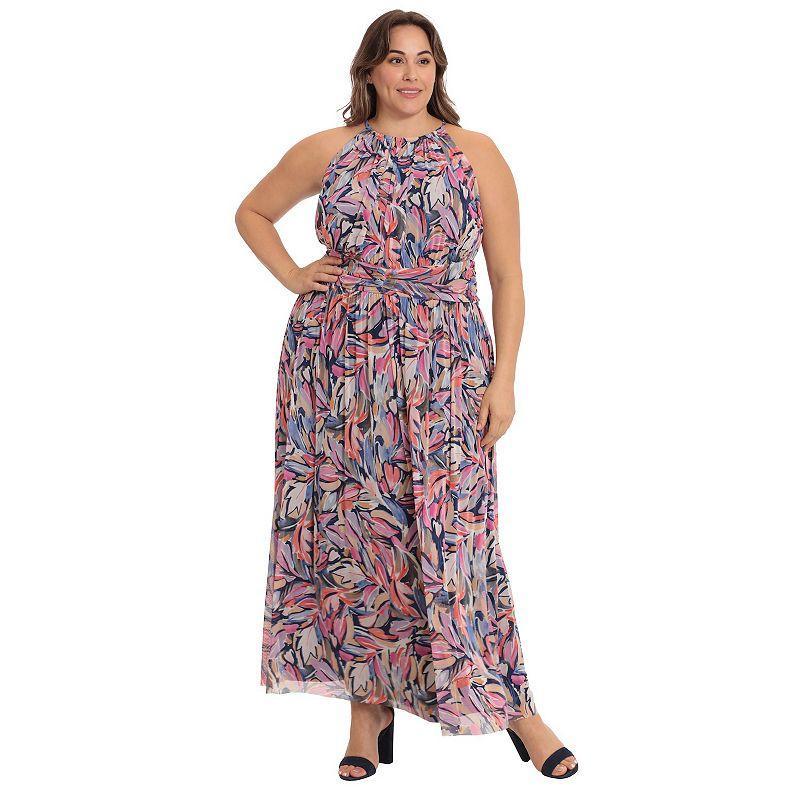 Plus Size London Times Ruched Waist Mesh Maxi Dress, Womens Navy Pink Product Image