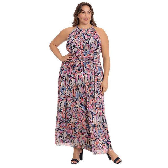 Plus Size London Times Ruched Waist Mesh Maxi Dress, Womens Navy Pink Product Image