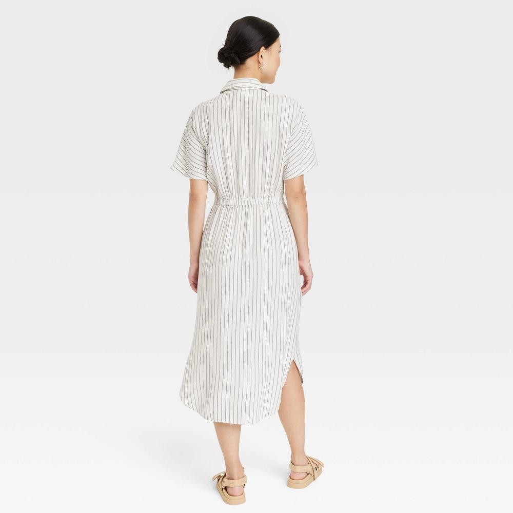 Womens Short Sleeve Linen Midi Shirtdress - A New Day Cream Striped L Product Image