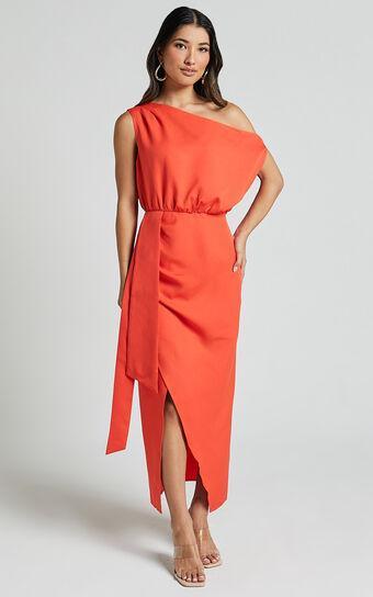 Zuri Midi Dress - One Shoulder Wrap Dress in Orange Product Image