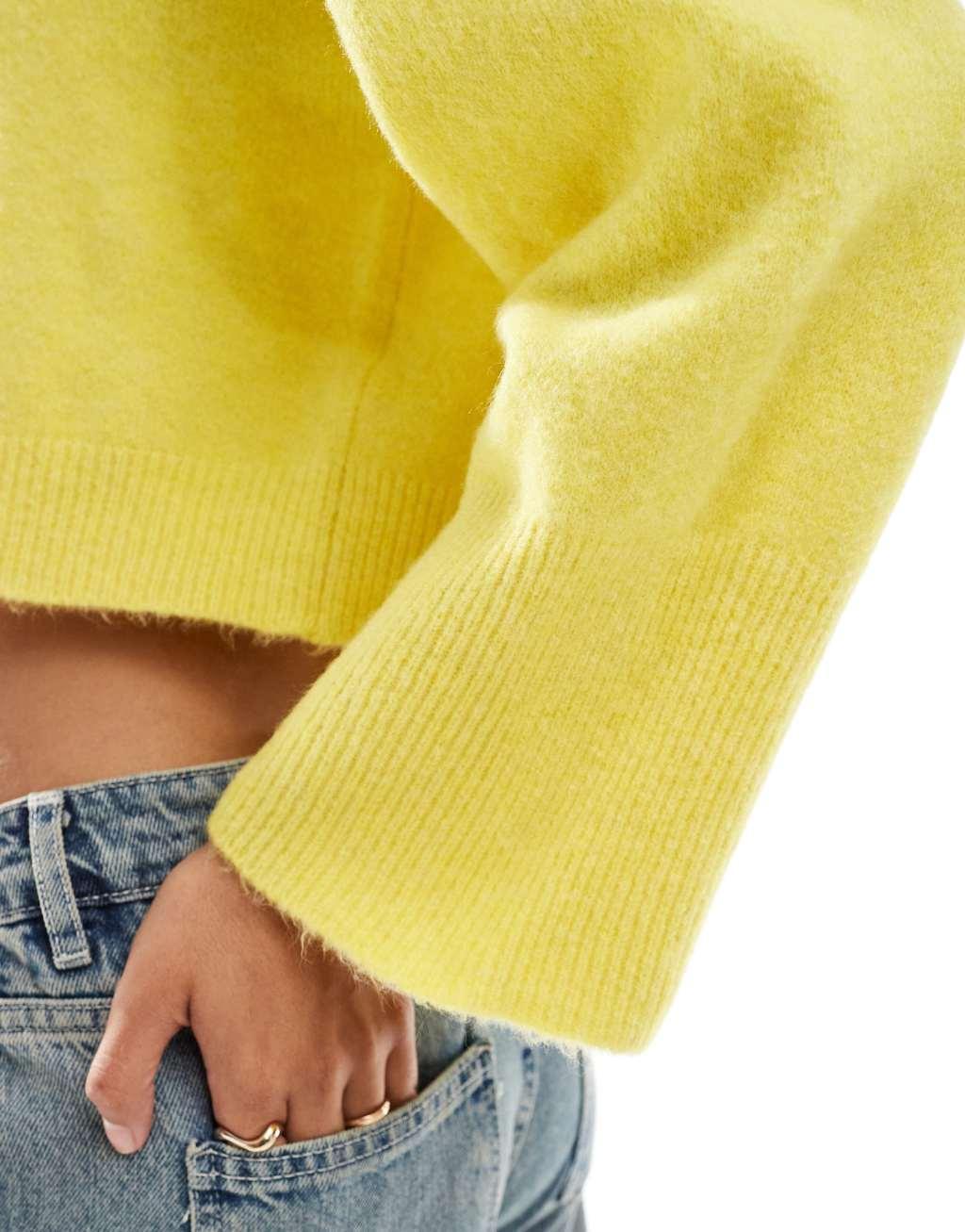 ASOS DESIGN crew neck boxy sweater with wide cuffs in yellow Product Image