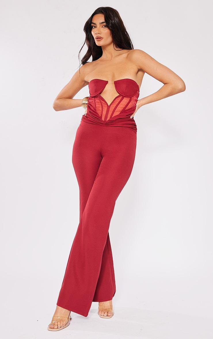 Cherry Red Satin Mesh Corset Panel Strapless Jumpsuit Product Image