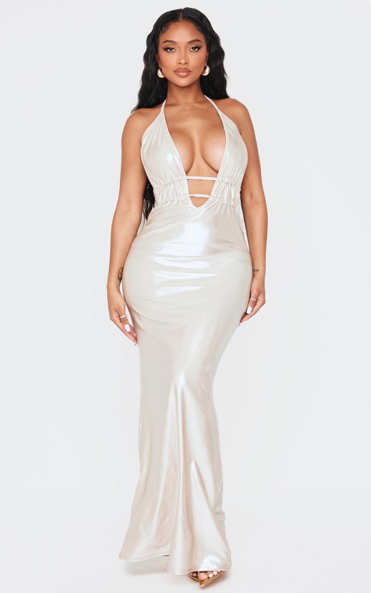 Shape Champagne Metallic Wet Look Plunge Front Halter Neck Maxi Dress Product Image