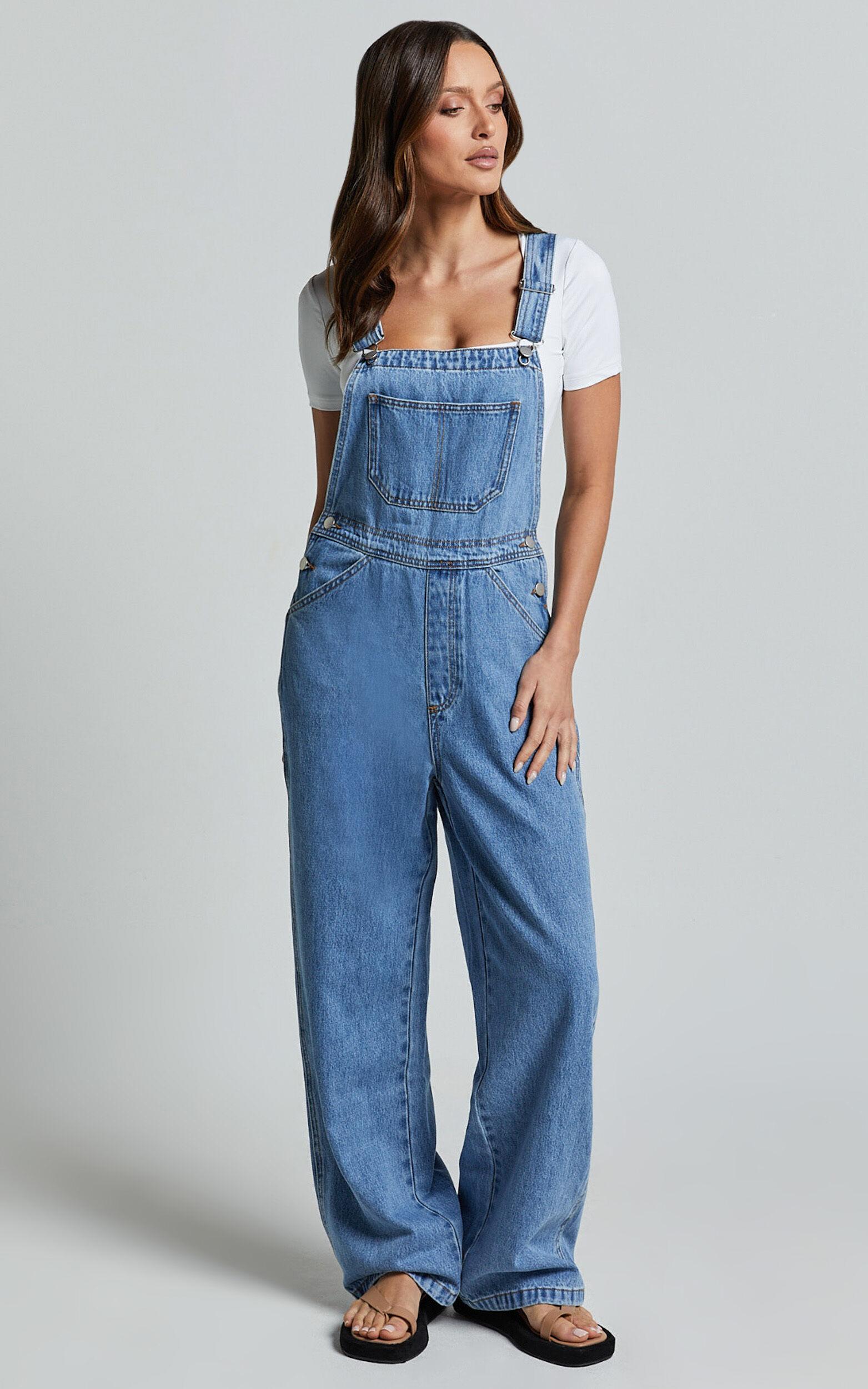 Brixton Jumpsuit - Straight Leg Denim Overalls in Mid Blue Wash Product Image