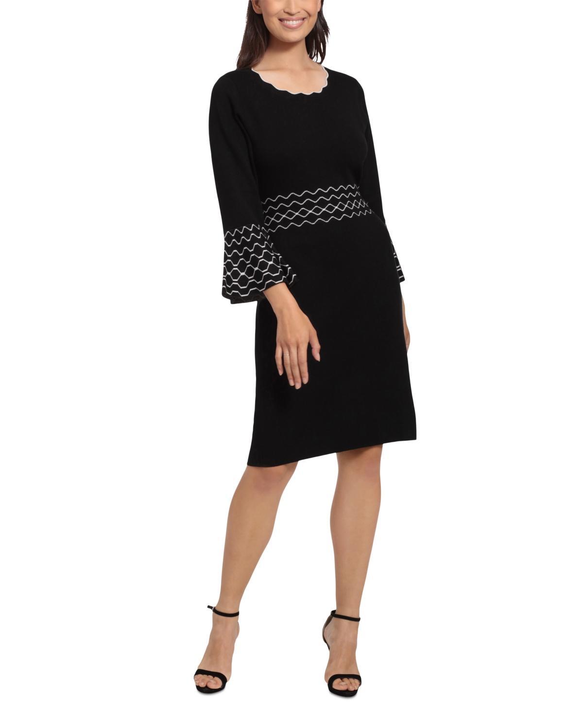 London Times Womens Contrast-Stitch Bell-Sleeve Sweater Dress Product Image