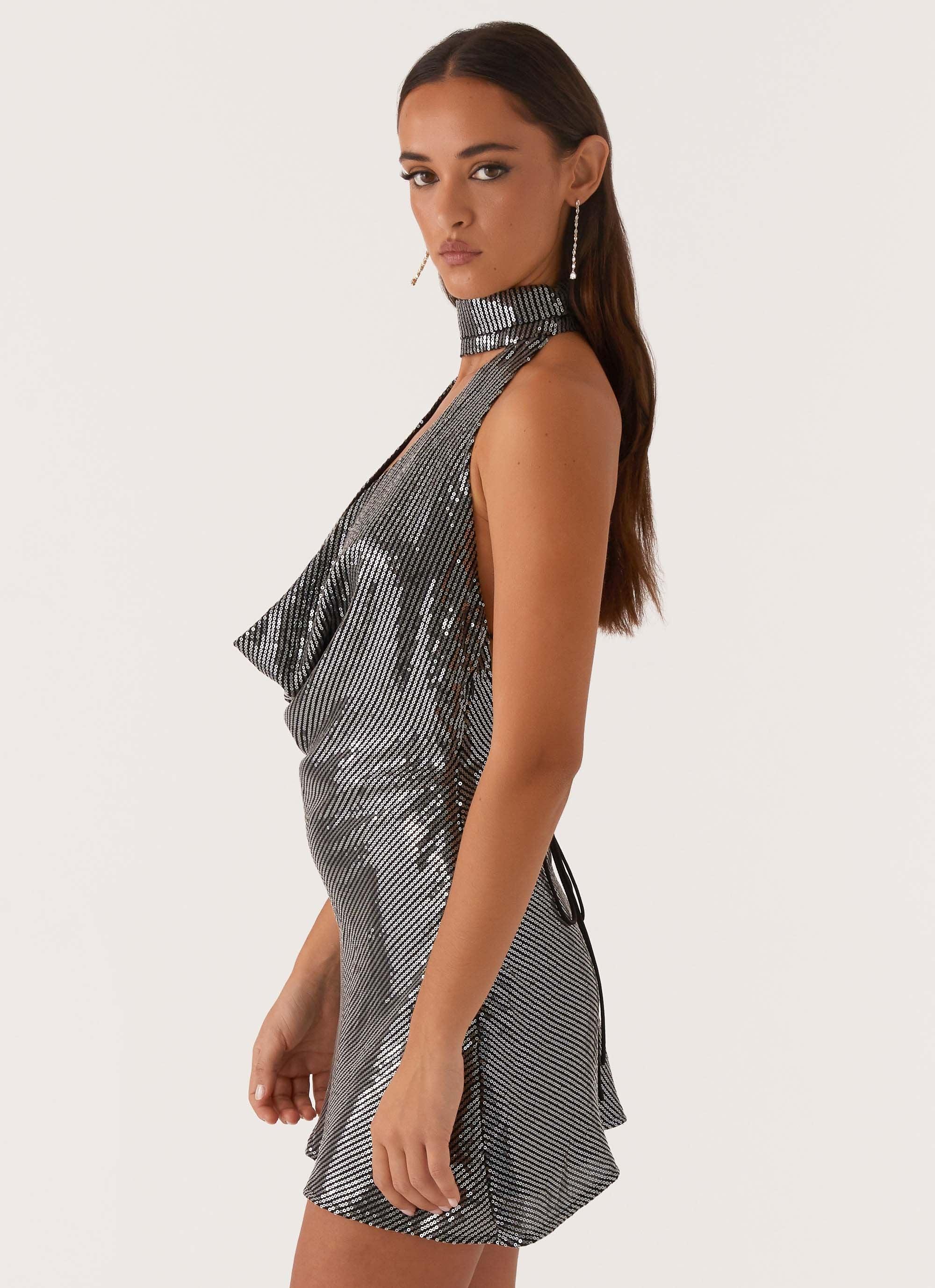 Nora Sequin Cowl Neck Mini Dress - Black Product Image