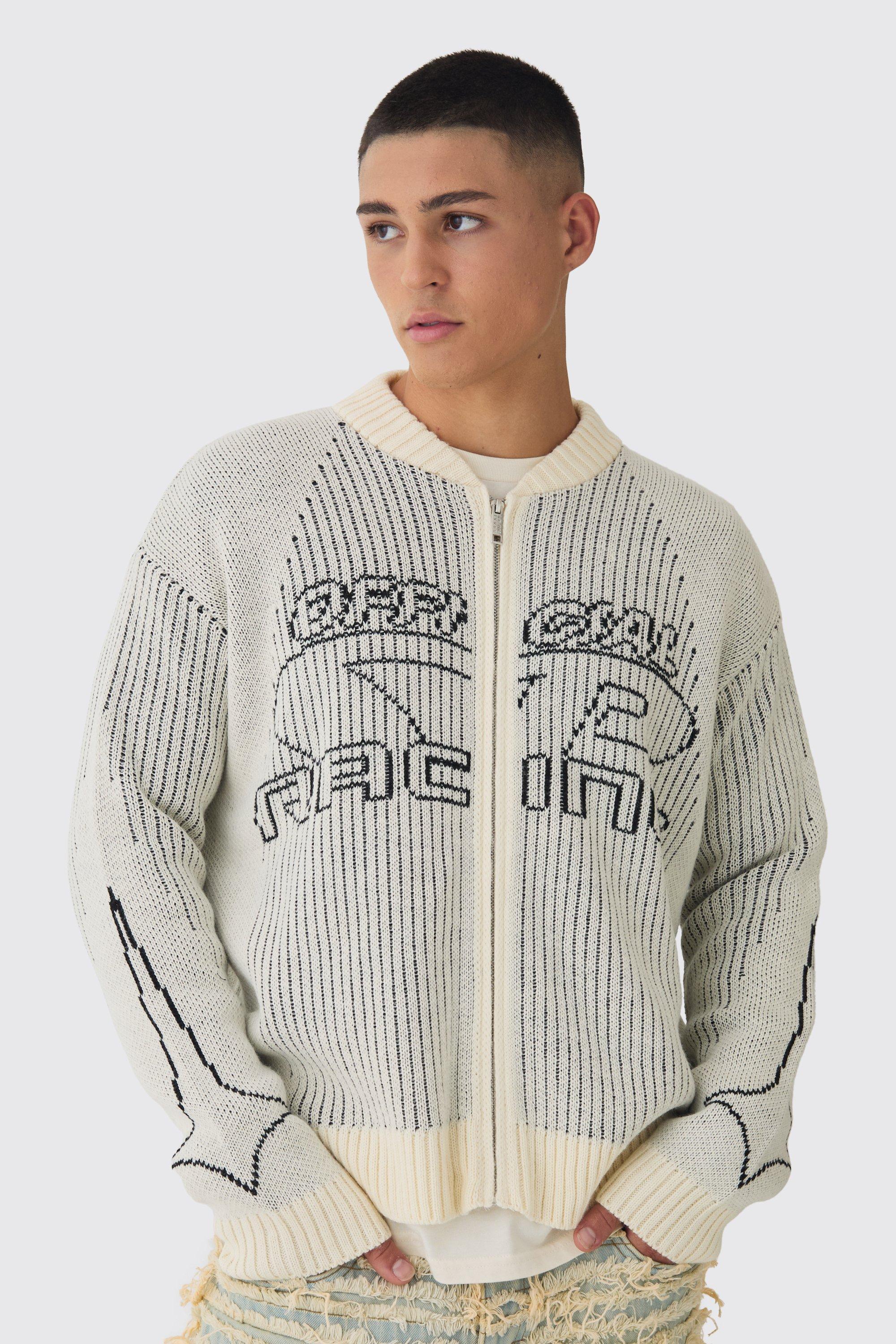 Mens Cream Oversized Boxy Two Toned Ribbed Knitted Bomber Jacket, Cream Product Image