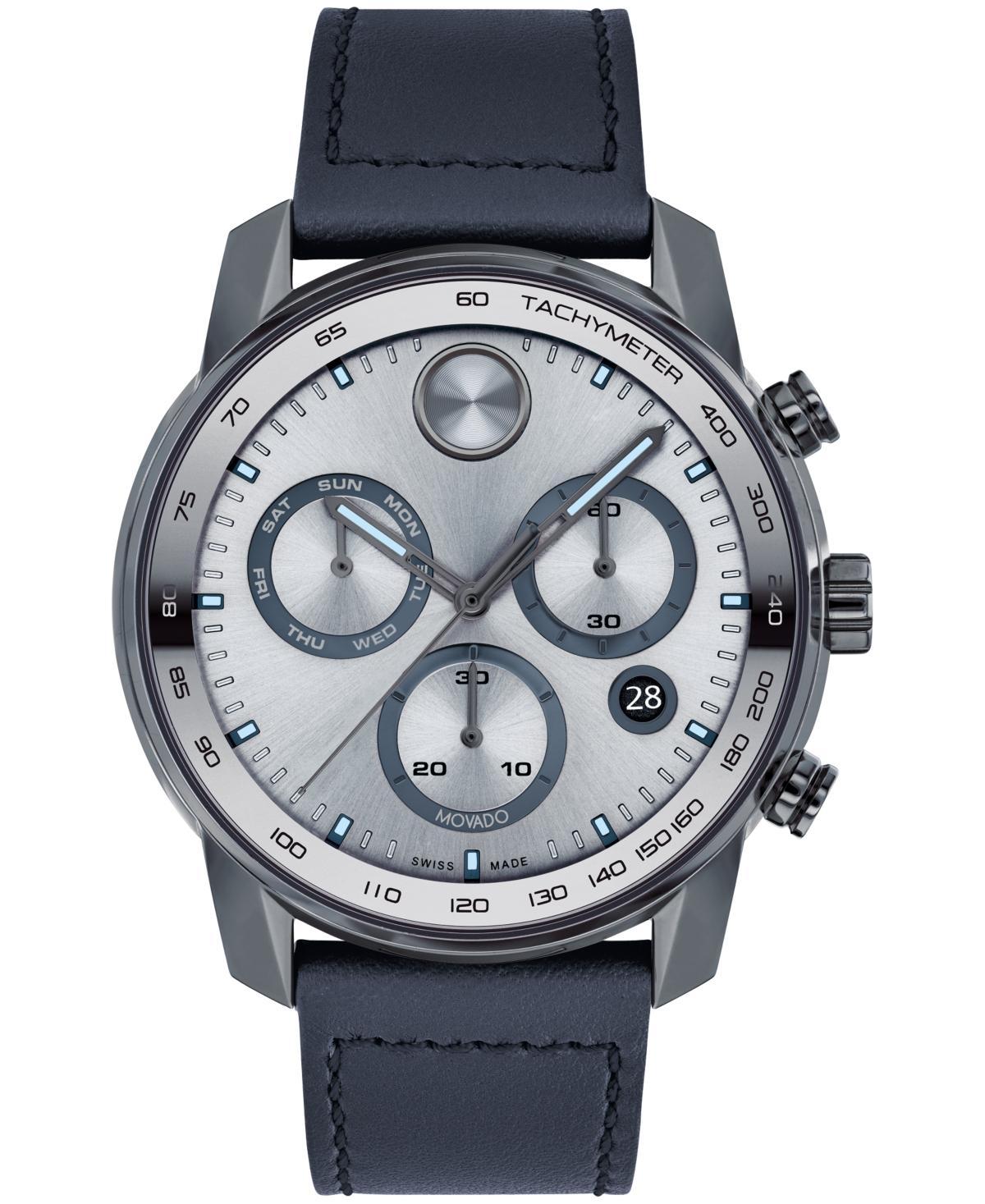 Men's Movado BoldÂ® Verso Gunmetal Grey IP Chronograph Blue Leather Strap Watch with Grey Dial (Model: 3600909) Product Image