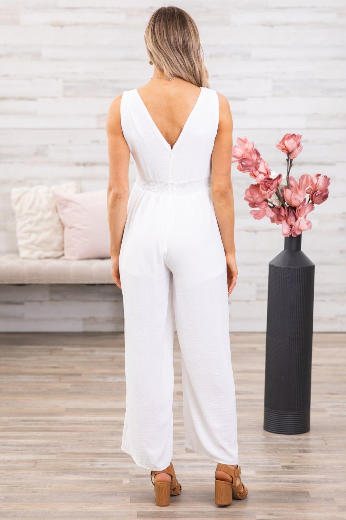 Off White Smocked Waist Double V-Neck Jumpsuit Product Image