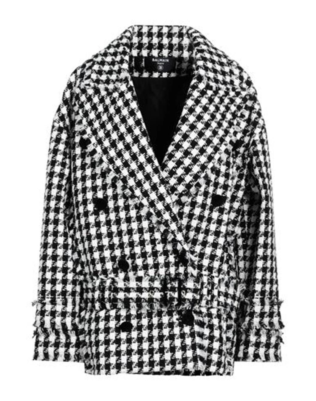 BALMAIN Double-breasted Houndstooth Belted Pea Coat In White Product Image