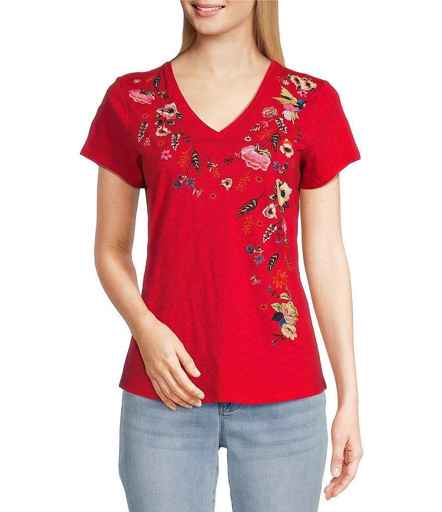 Reba V-Neck Floral Embroidered Short Sleeve Knit Top Product Image