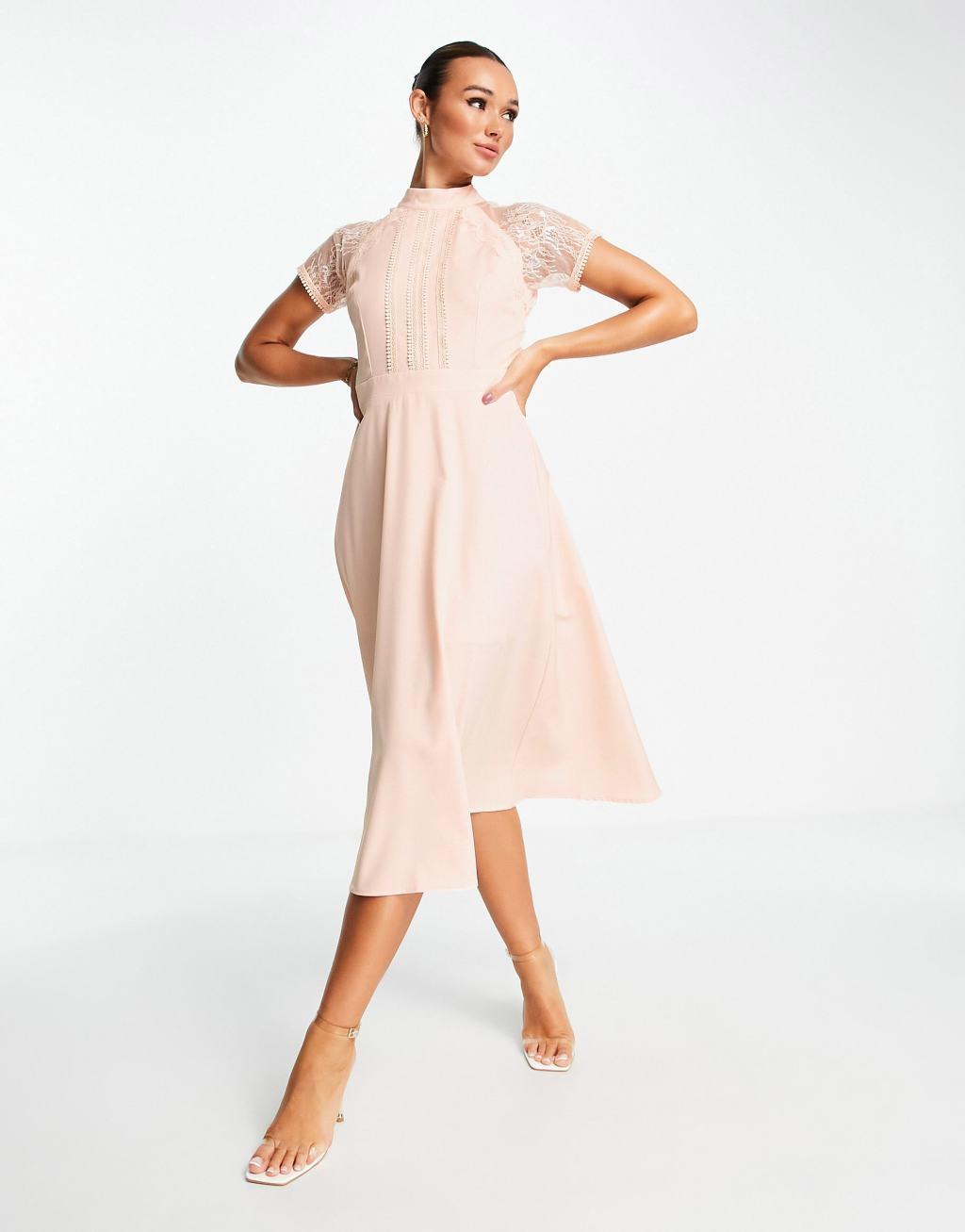 Liquorish a line lace detail midi dress in pale pink Product Image