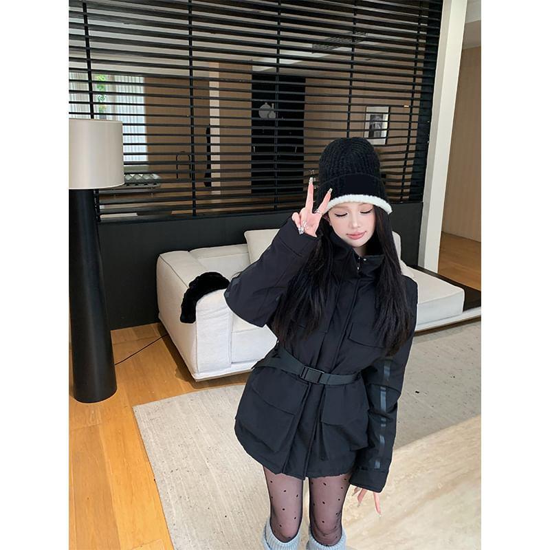 Plain Hooded Tie Waist Zip Parka Product Image