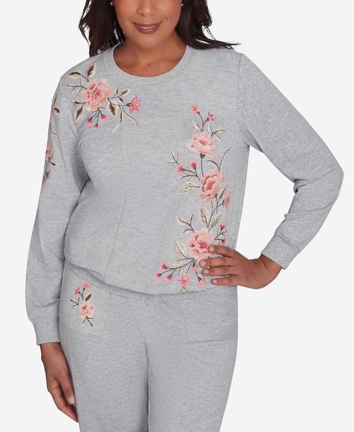 Womens Alfred Dunner Cozy Floral Embroidered Long Sleeve Top Product Image