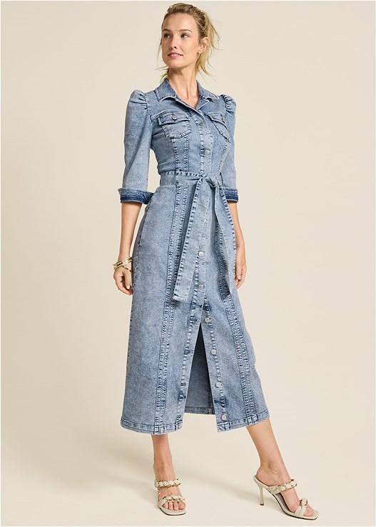 Tie-Waist Denim Midi Dress Product Image