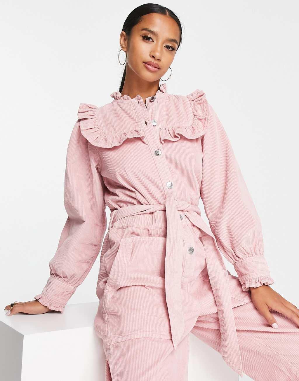 Miss Selfridge Petite corduroy bib frill belted jumpsuit in pale pink Product Image