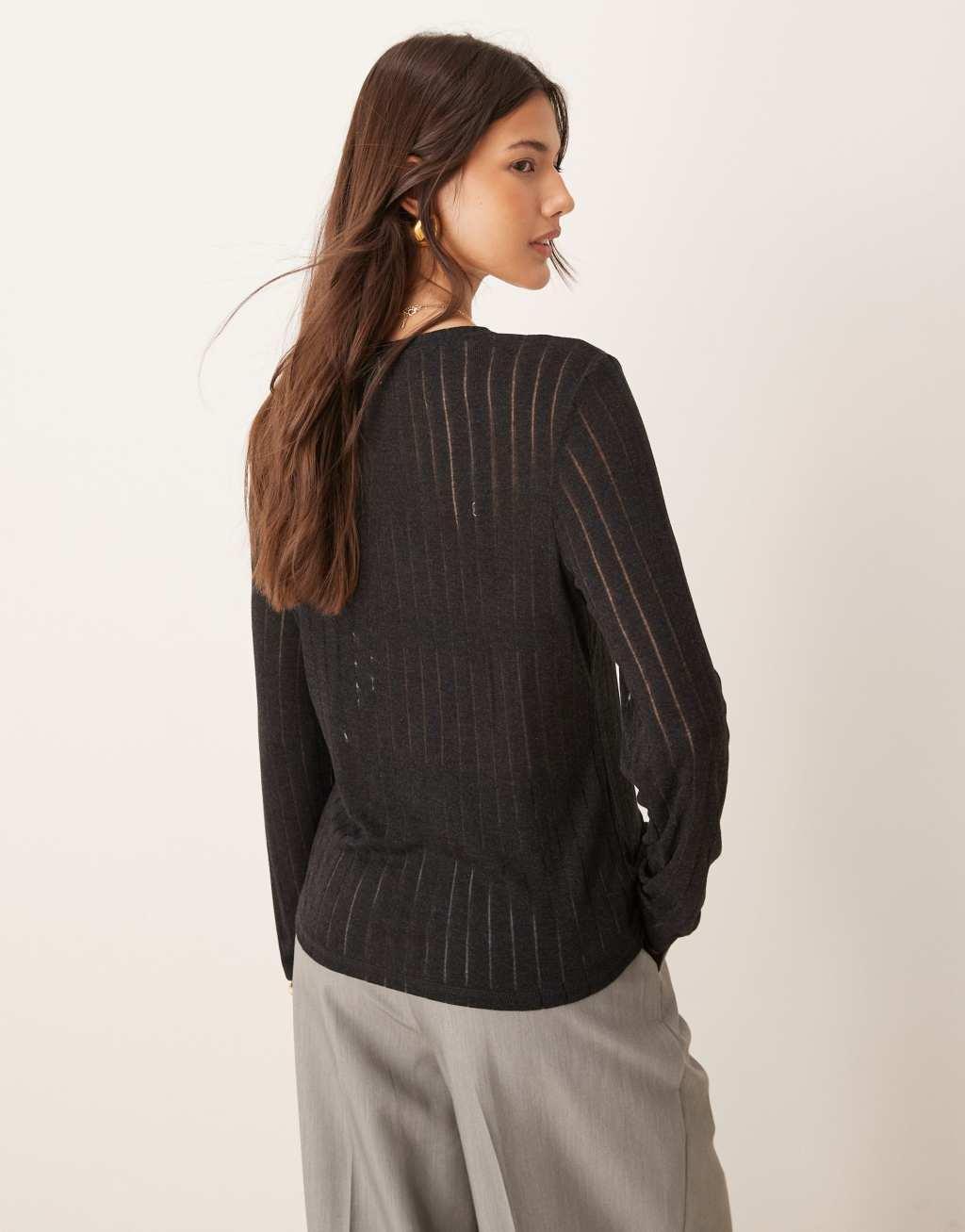 JDY long sleeve laddered top in dark gray Product Image