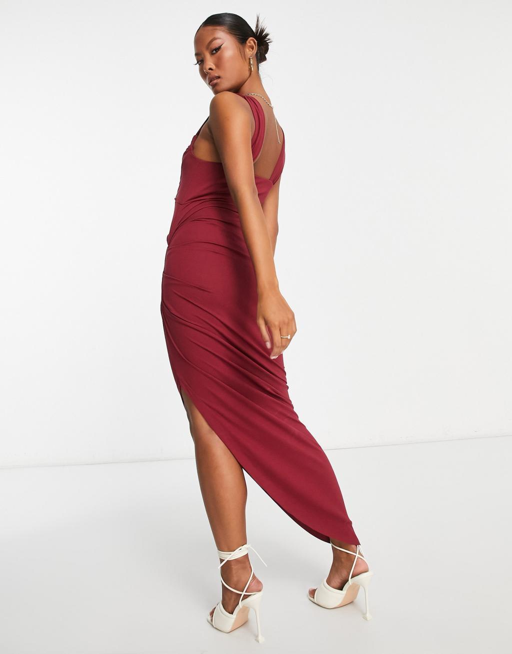 ASOS DESIGN Petite cowl neck pencil maxi dress in wine Product Image