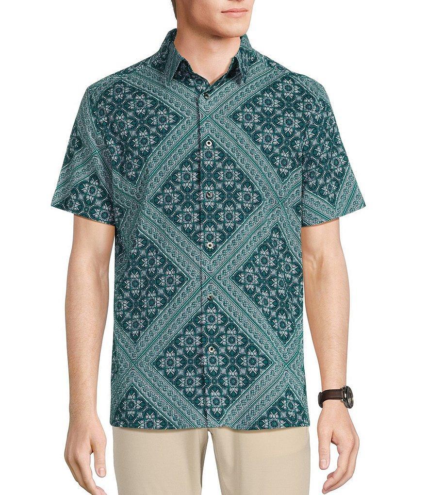 Rowm Blue Sirena Short Sleeve Seersucker Wave Tile Print Shirt Product Image