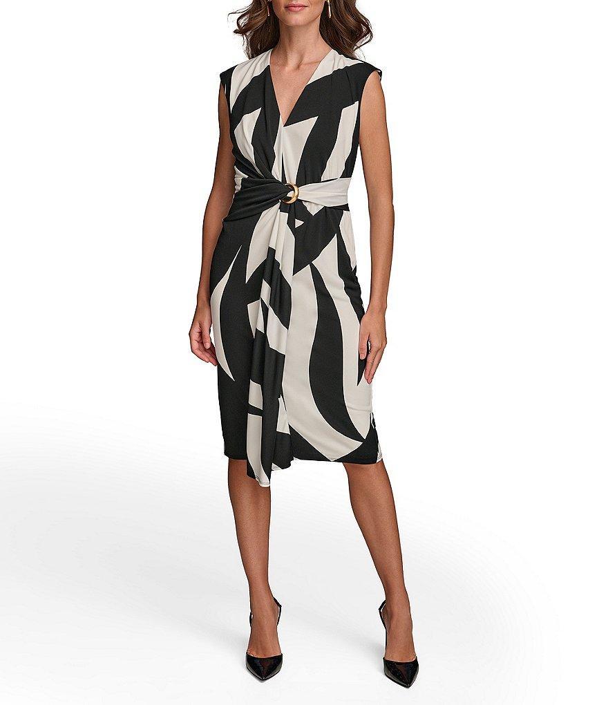 Donna Karan Sleeveless V-Neck Front Cascade Ruffle Sheath Dress Product Image