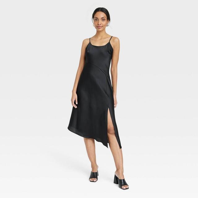 Womens Asymmetrical Midi Slip Dress - A New Day Black M Product Image