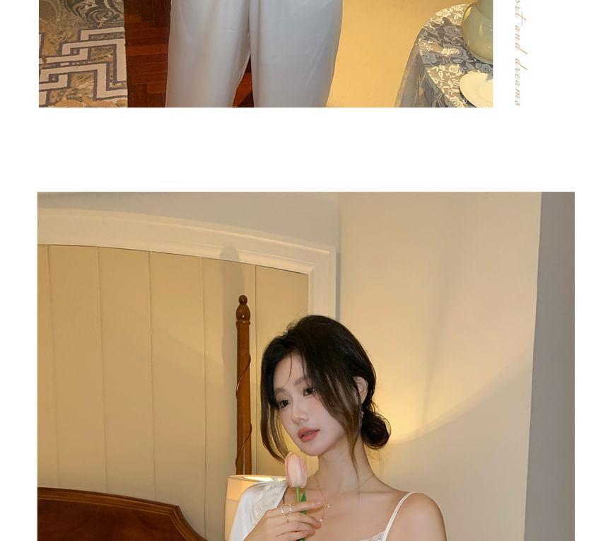 Pajama Set: Plain Lace Trim Camisole Top + Shirt + Ruffle Pants Product Image