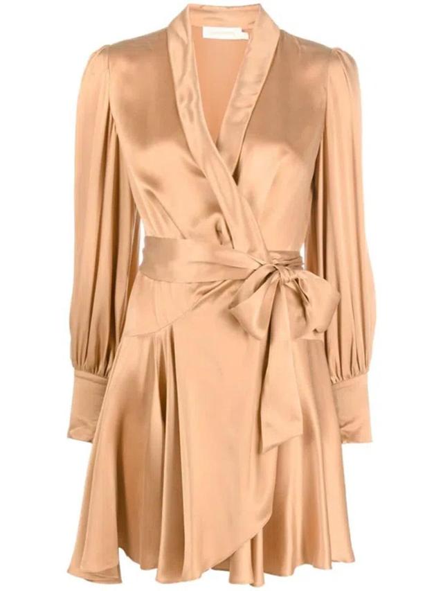 Silk Wrap Mini Dress In Sand In Brown Product Image